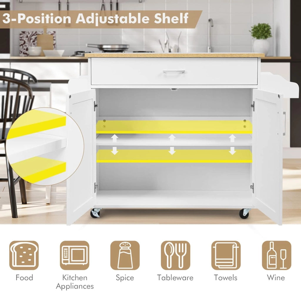 Carrello da Cucina in Legno con Cassetto su Ruote, Armadio da Cucina con Piano di Lavoro, Carrello da Cucina in Stile Rustico, Bianco