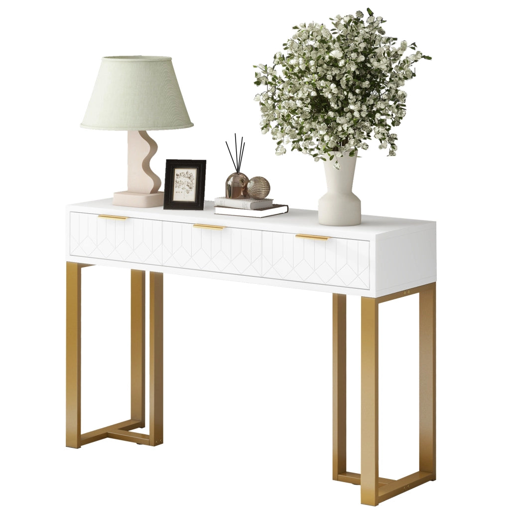 Consolle con 2 cassetti e motivi geometrici, struttura in MDF, per soggiorno e ingresso, bianco e oro