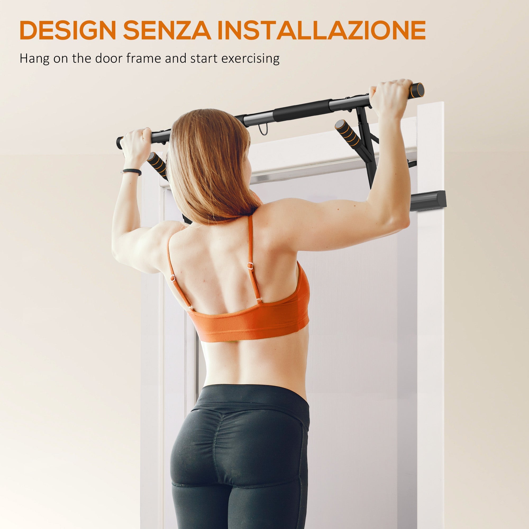 Barra per Trazioni e Flessioni con Prese Imbottite 100x50x27 cm in Acciaio e HDR Arancione e Nero
