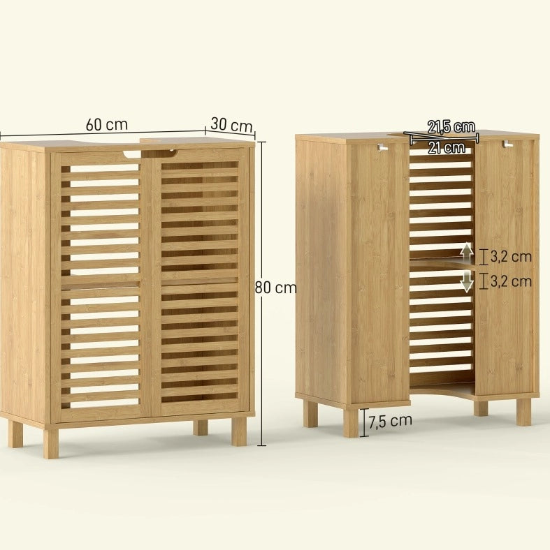 Mobile sottolavabo 60x30x80 cm con ripiano regolabile in bambù naturale