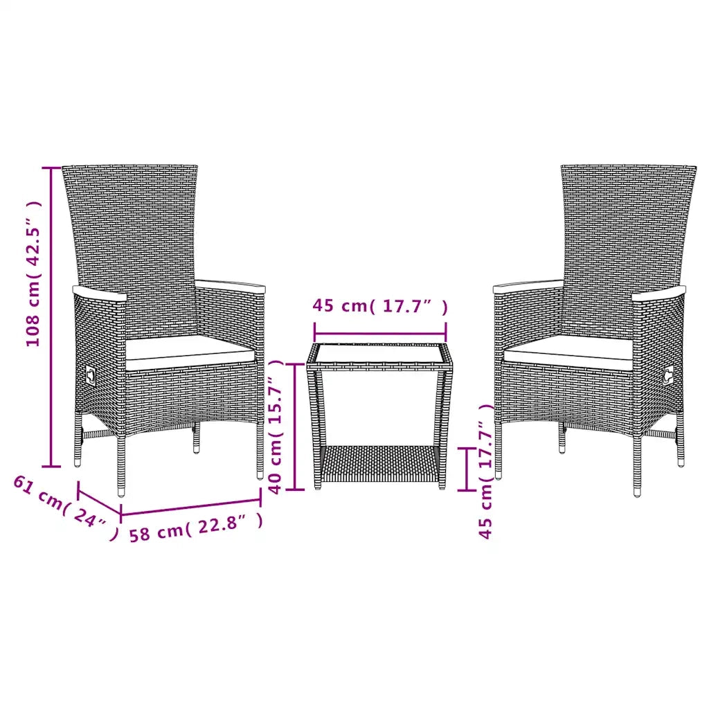 Set da Pranzo da Giardino 3 pz | Set Salotto da Giardino con Cuscini Nero in Polyrattan