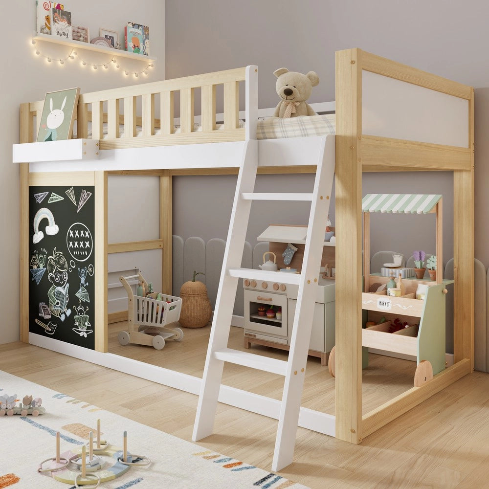 Letto a Soppalco per Bambini con Cassetti e Lavagnetta ¨C Xylo ¨C Pino e MDF, Bianco/Naturale, 90x200cm