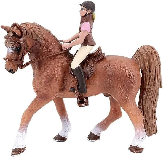 Miniatura Cavallo Marrone con Cavaliera e Sella - Giocattolo di Simulazione per Bambini con Tema Western