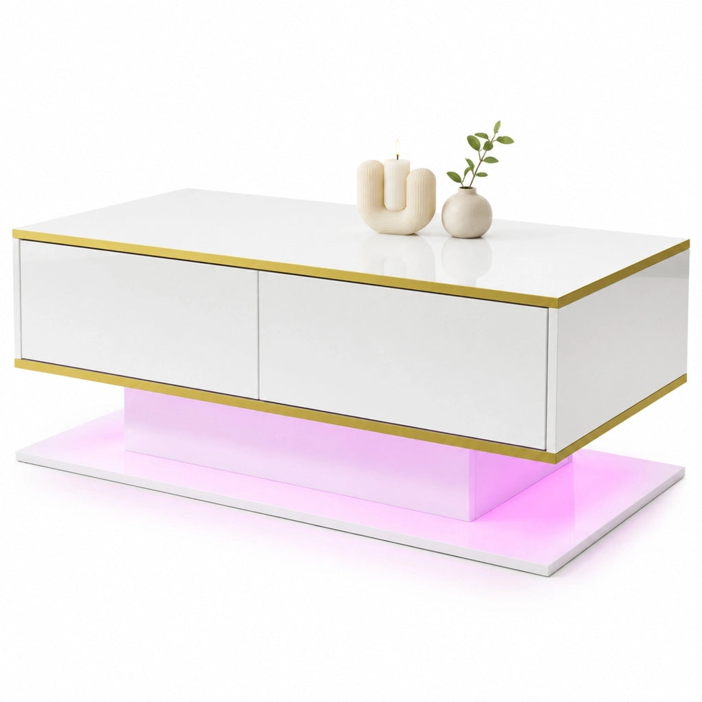 TAVOLINO DA CAFFÈ 100x50x40 cm Bianco lucido Oro con LED e 3 cassetti