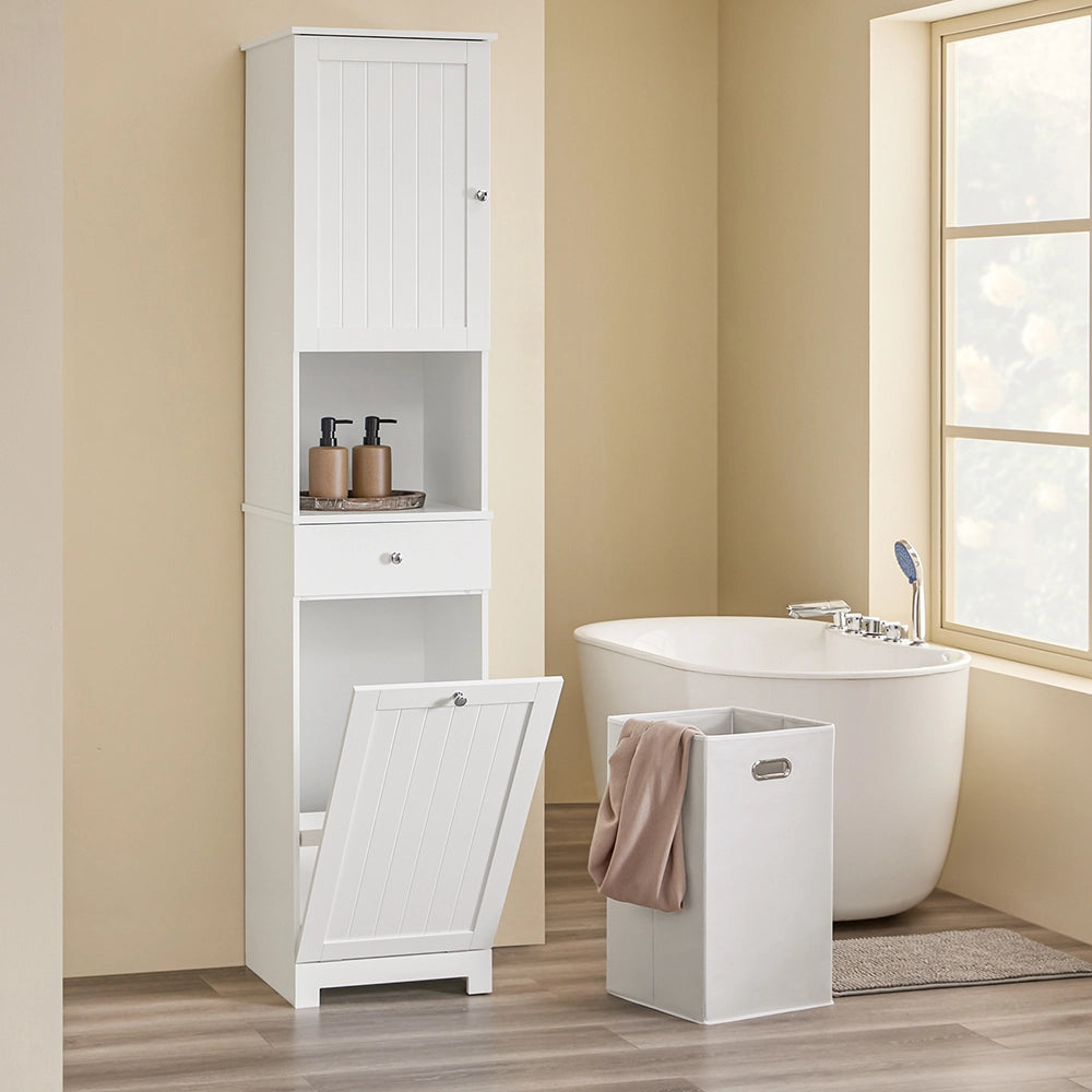 SoBuy Mobile Bagno Salvaspazio Alto con Cesto Portabiancheria 45L – Colonna Bagno Stretto 40x38x180cm con Cassetto in MDF, Ripiano Aperto e Anta Mobiletto per Lavanderia o WC BZR216-W