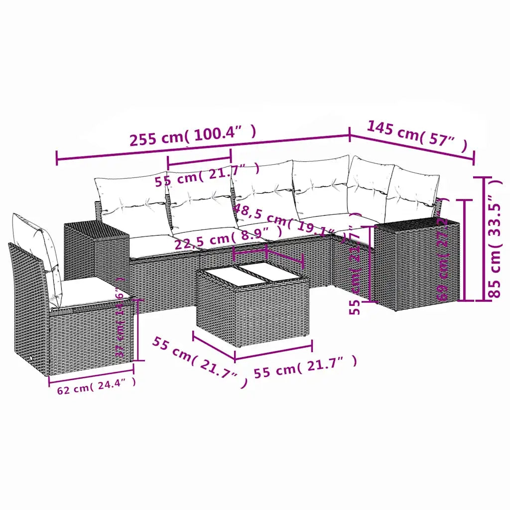 Set Divani da Giardino 7 pz con Cuscini Nero in Polyrattan 3222636