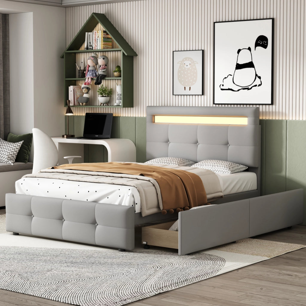 Letto singolo 90×200 cm con 2 cassetti e LED; rete inclusa; senza materasso; imbottito; grigio