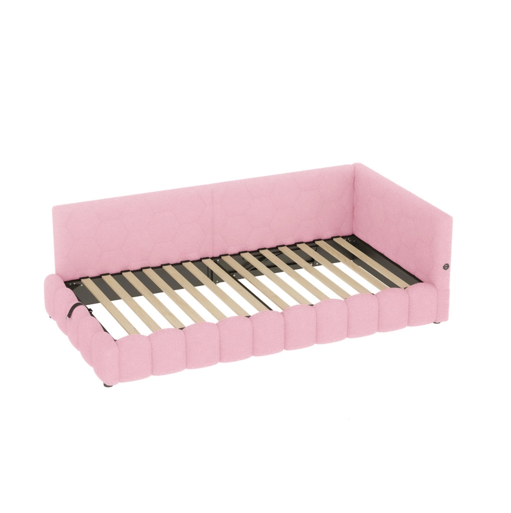 Letto da giorno 90x200 cm con rete a doghe; sollevamento idraulico; LED; USB e Tipo-C; rosa