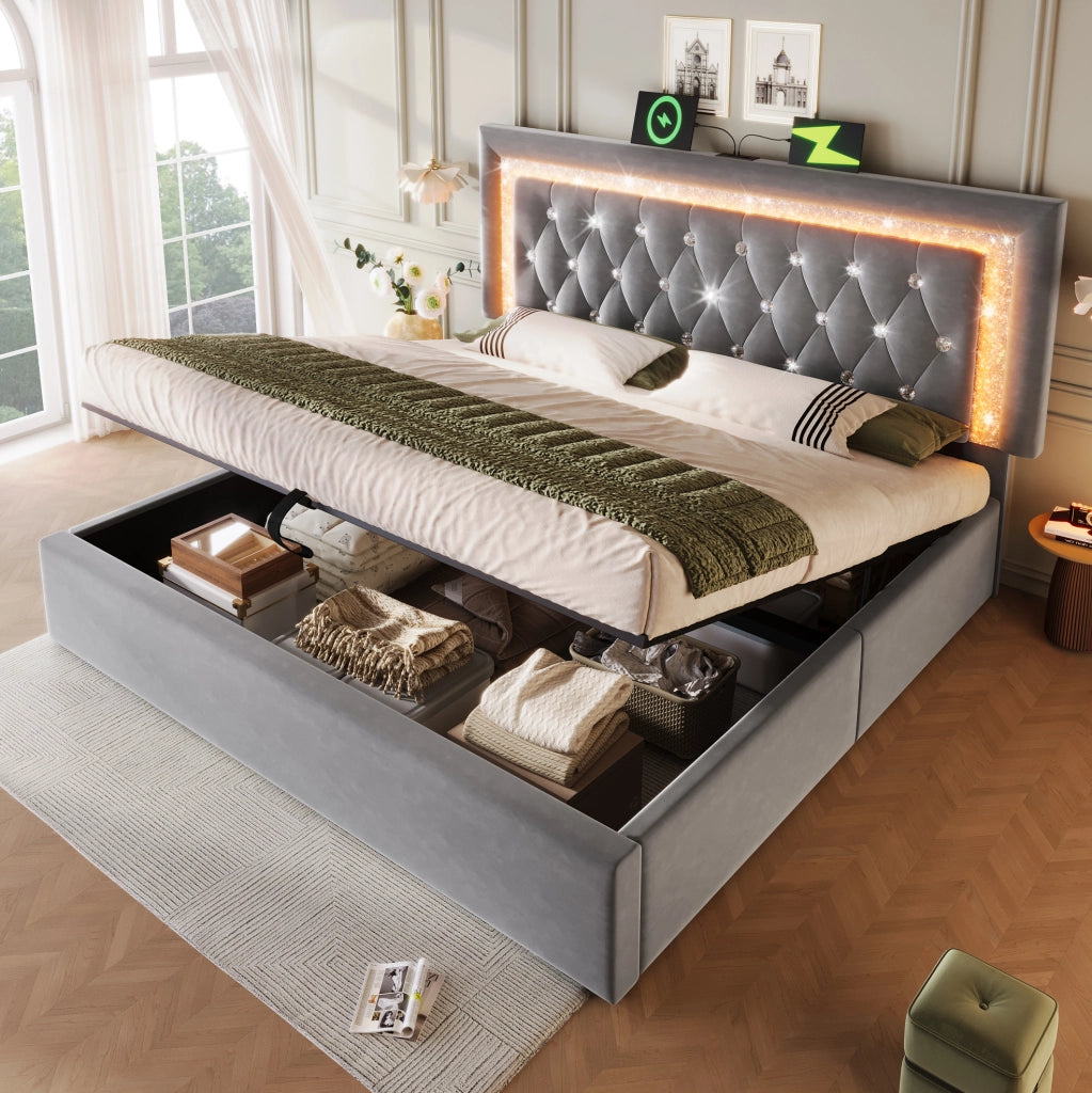 Letto imbottito 140x200 cm con LED, USB e materasso incluso