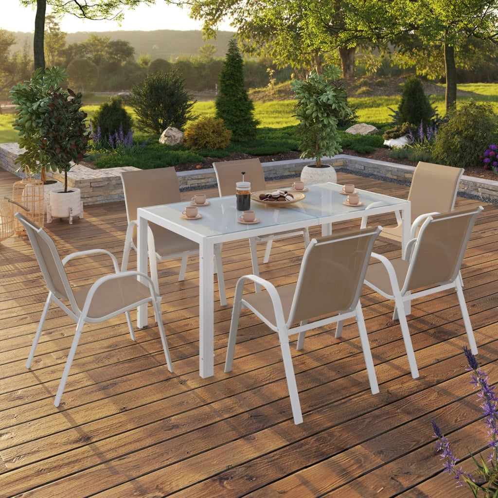 IDMarket - Set di mobili da giardino MADRID tavolo 150 CM e 6 sedie impilabili bianco e beige