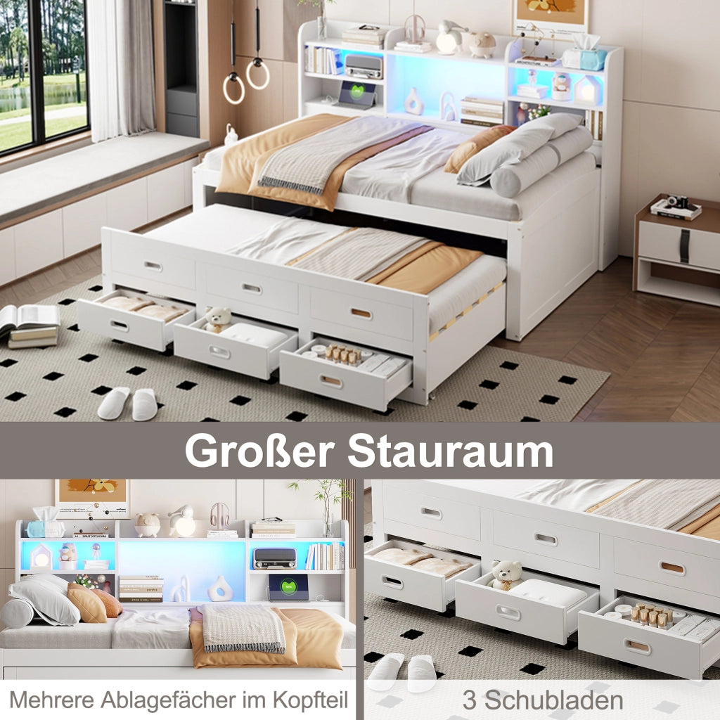DESMIU Letto divano 90 × 200 cm 1 posto con LED, 3 cassetti, USB e Type-C, senza materasso, bianco