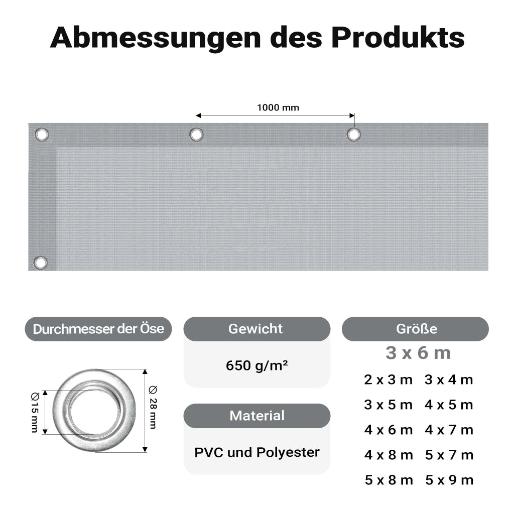 Telone occhiellato grigio 3 x 6 m resistente alle intemperie e a raggi UV, impermeabile, robusto telo di protezione in poliestere 650 g/m² con rivestimento in PVC