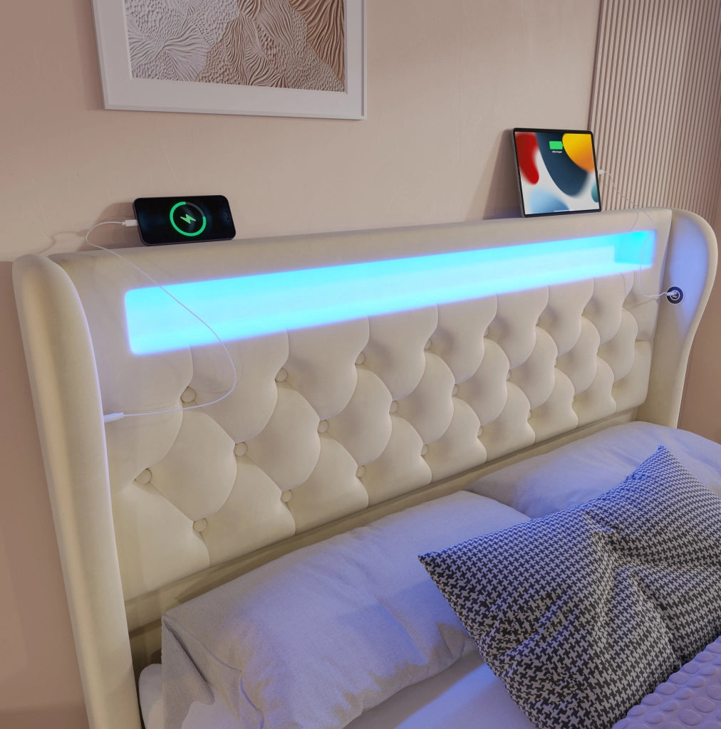 Letto matrimoniale 140x190 cm in velluto beige con LED; contenitore idraulico e ricarica USB Type-C