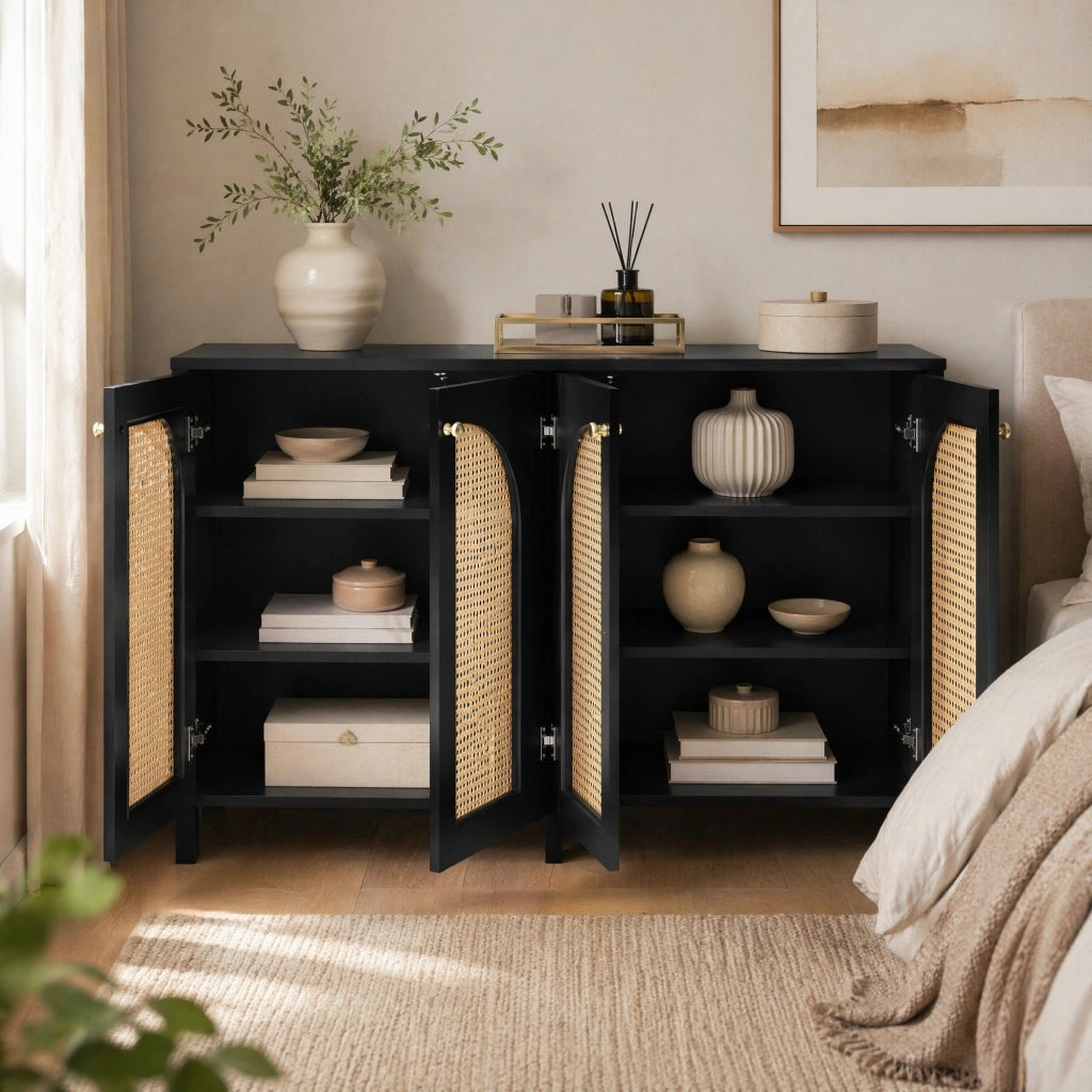 Sideboard moderno minimalista con 4 ante in rattan artificiale nero e maniglie in metallo