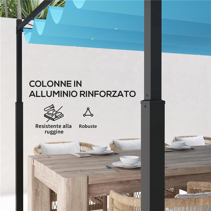 GAZEBO PERGOLA 4X4 M CON TETTUCCIO RETRATTILE, 8 VITI E 8 PICCHETTI IN ALLUMINIO, POLIESTERE E METALLO, BIANCO