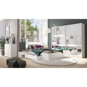 Set camera NOFI - Letto 180x200 cm con doghe, 2 cassetti, comodini, armadio e cassettiera - bianco