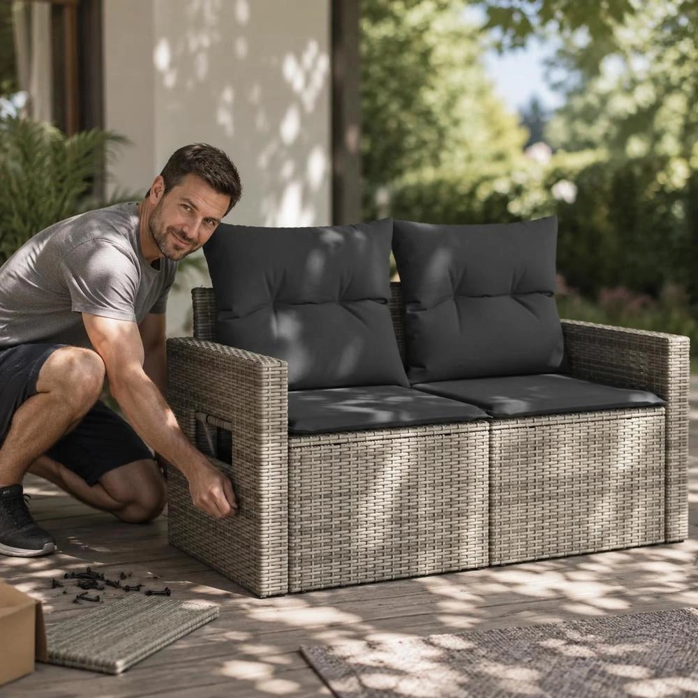 2-seater Garden Sofa With Cushions, Grey Poly Rattan