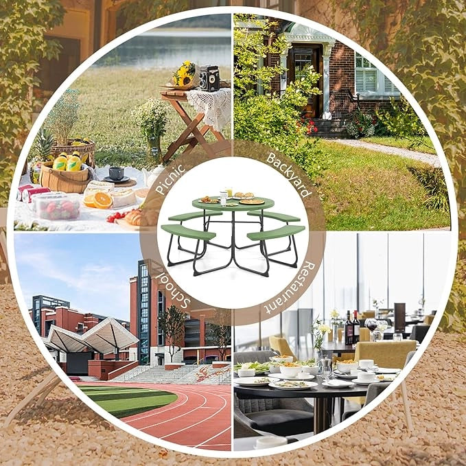 Set da giardino da picnic per 8 persone, tavolo da giardino rotondo con 4 panche, tavolo da birra con foro per ombrellone, set da giardino in HDPE, set per panca da birra (verde)
