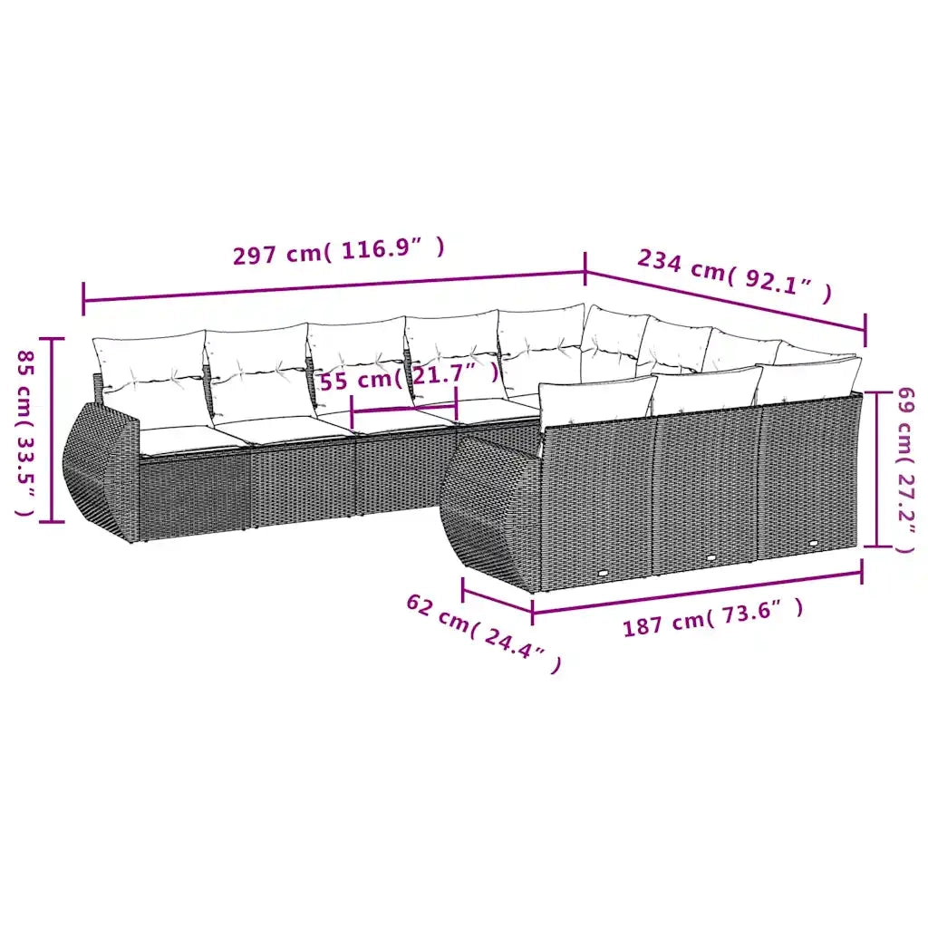 Set Divano Giardino 10 pz con Cuscini Grigio Chiaro Polyrattan 3221891