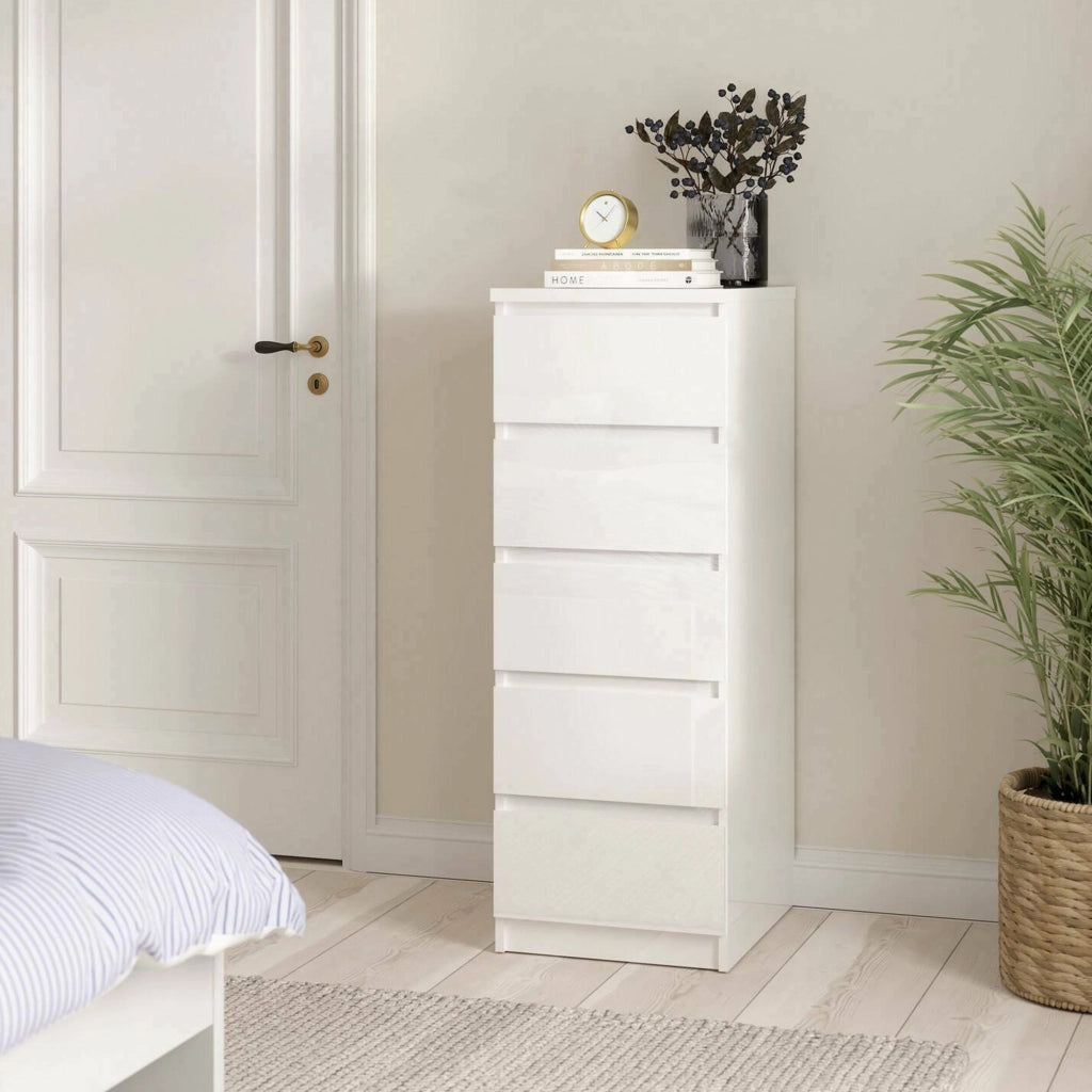 Cassettiera a cinque Achaldi, colore bianco lucido, cm 40 x 111 x 50