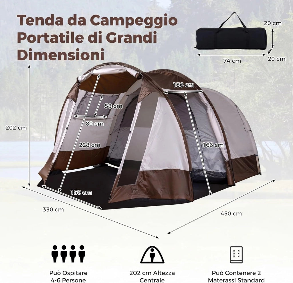 Tenda da Campeggio per 4-6 Persone, Tenda a Tunnel Familiare Impermeabile con 2 Stanze, Finestre Ventilata, Picchetti e Borsa da Trasporto, per Campeggio e Viaggi, 450 x 330 x 202 cm