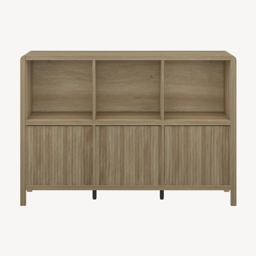 Credenza Bassa Lukkodso con 3 Ante e Scomparti Aperti 77x110x30 cm Effetto Rovere Rustico [en.casa]