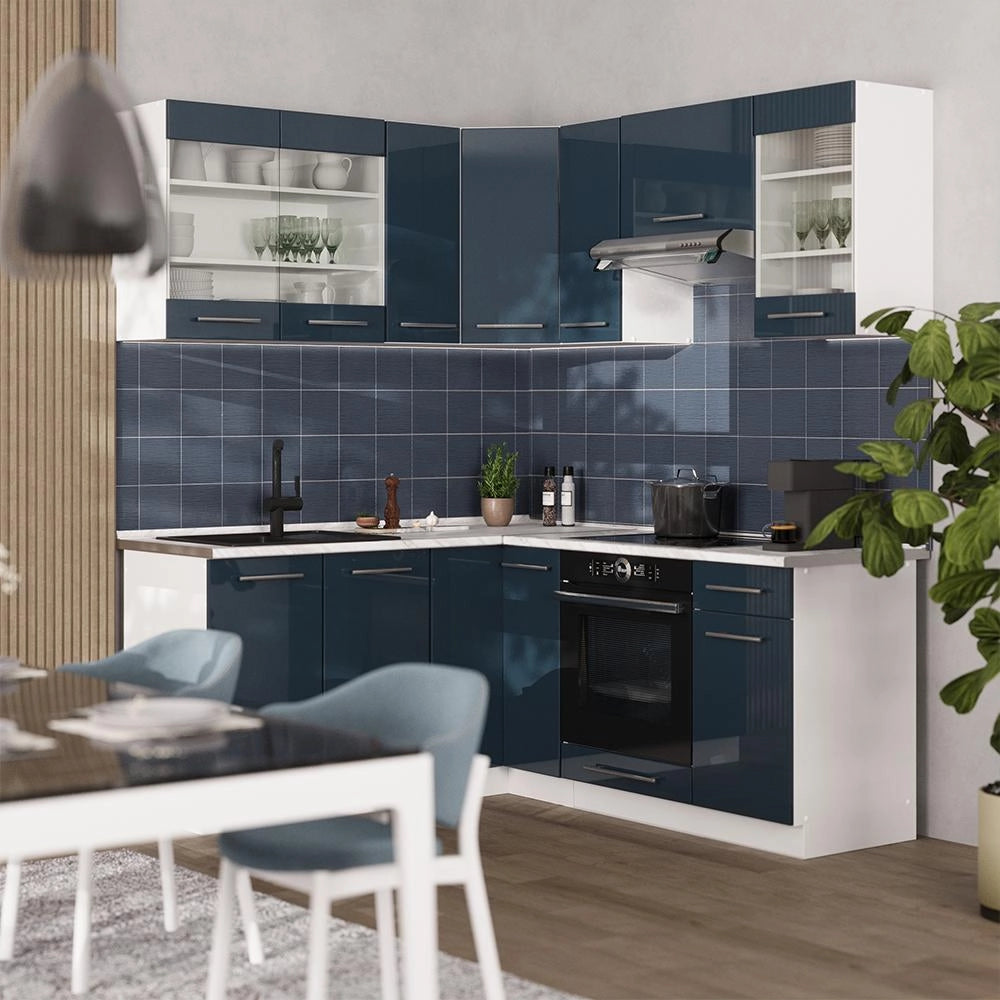 Mobili da cucina Fame-Line Blu scuro lucido/Bianco 190 x 160 cm senza piano di lavoro Vicco