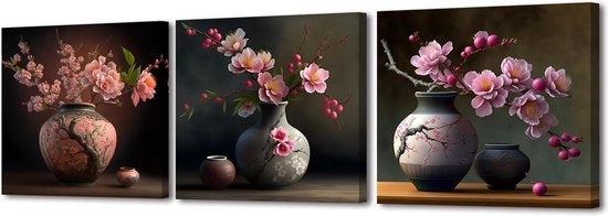 Set di stampa per ciliegio in fiore - Immagini moderne su tela - Decorazione da parete - Ciliegio in vaso - Decorazione interna - Spazio yoga - 30 cm