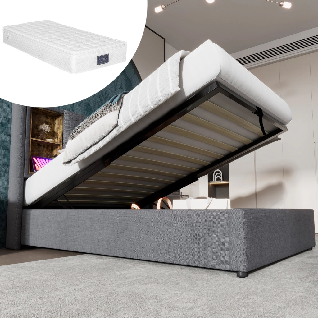 Letto singolo imbottito 90x200 cm grigio in cotone con contenitore; ricarica wireless e USB