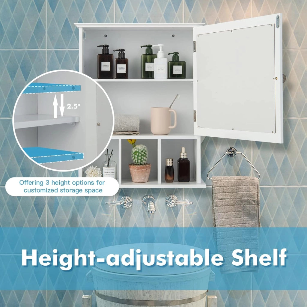 Specchio Bagno con Mensola, Toletta da Trucco Bianco con Specchio con 3 Scomparti e 1 Anta, Armadietto da Parete con Ripiano Regolabile, 48x17x60cm