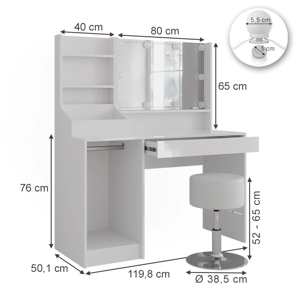 Vicco Tavolo da toeletta Bianco/bianco lucido 119.8 cm 5 parti
