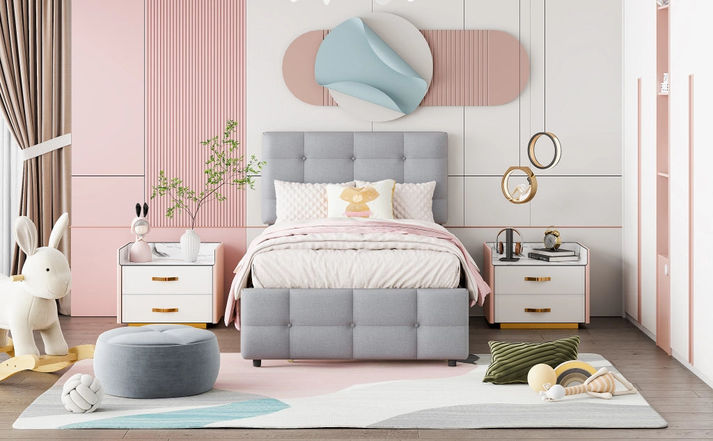 DESMIU Letto estraibile Letto singolo 1 posto con testiera regolabile, 90 × 200 cm e 90 × 190 cm, senza materasso