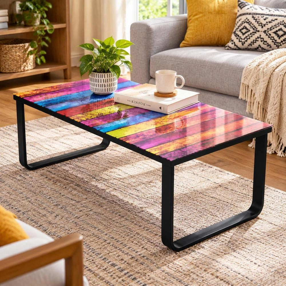 Coffee Table With Glass Top Rainbow Print