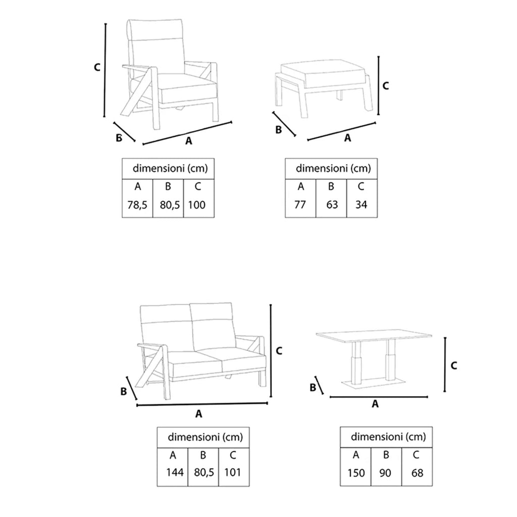 Set 4 Pezzi Salotto da Giardino 4 Posti Kea con Divano 2 Poltrone Reclinabili e Tavolino Piano in Ceramica in Alluminio