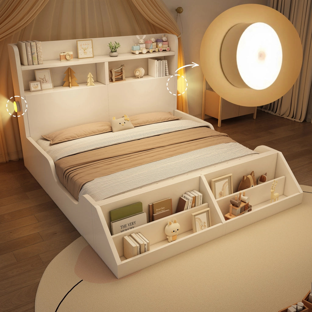 LETTO 140x200 cm Bianco in legno con libreria e luci notturne