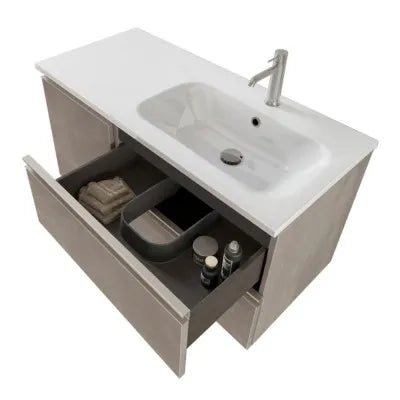 Mobile bagno sospeso 100 cm grigio cemento con cassetti e anta completo di lavabo a destra e specchio Master