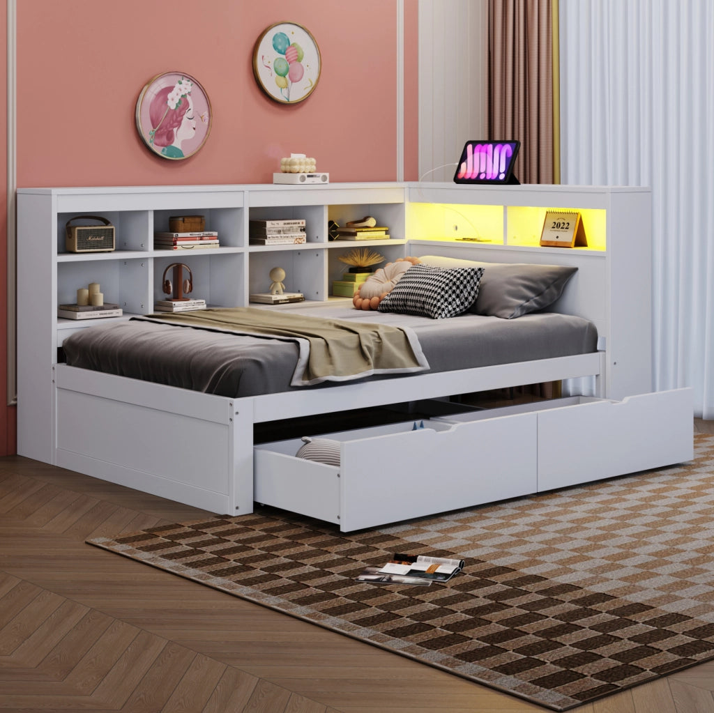 Divano letto multifunzionale in legno massello 90x200 cm con LED; USB e vani portaoggetti; bianco