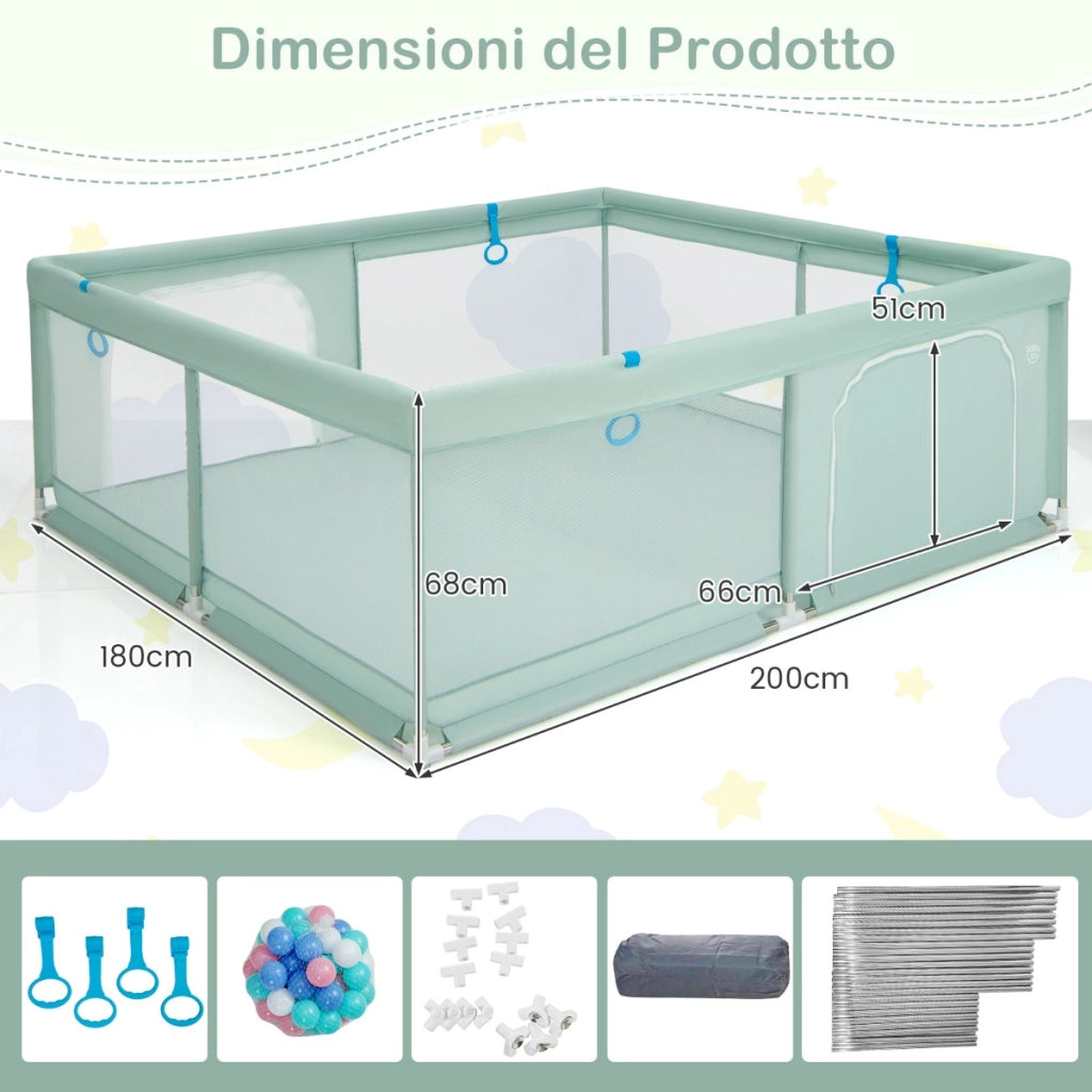 Recinto da gioco per bambini con rete traspirante maniglie palline oceaniche, Parco giochi 200x180x68cm Verde-Cancelletti di sicurezza
