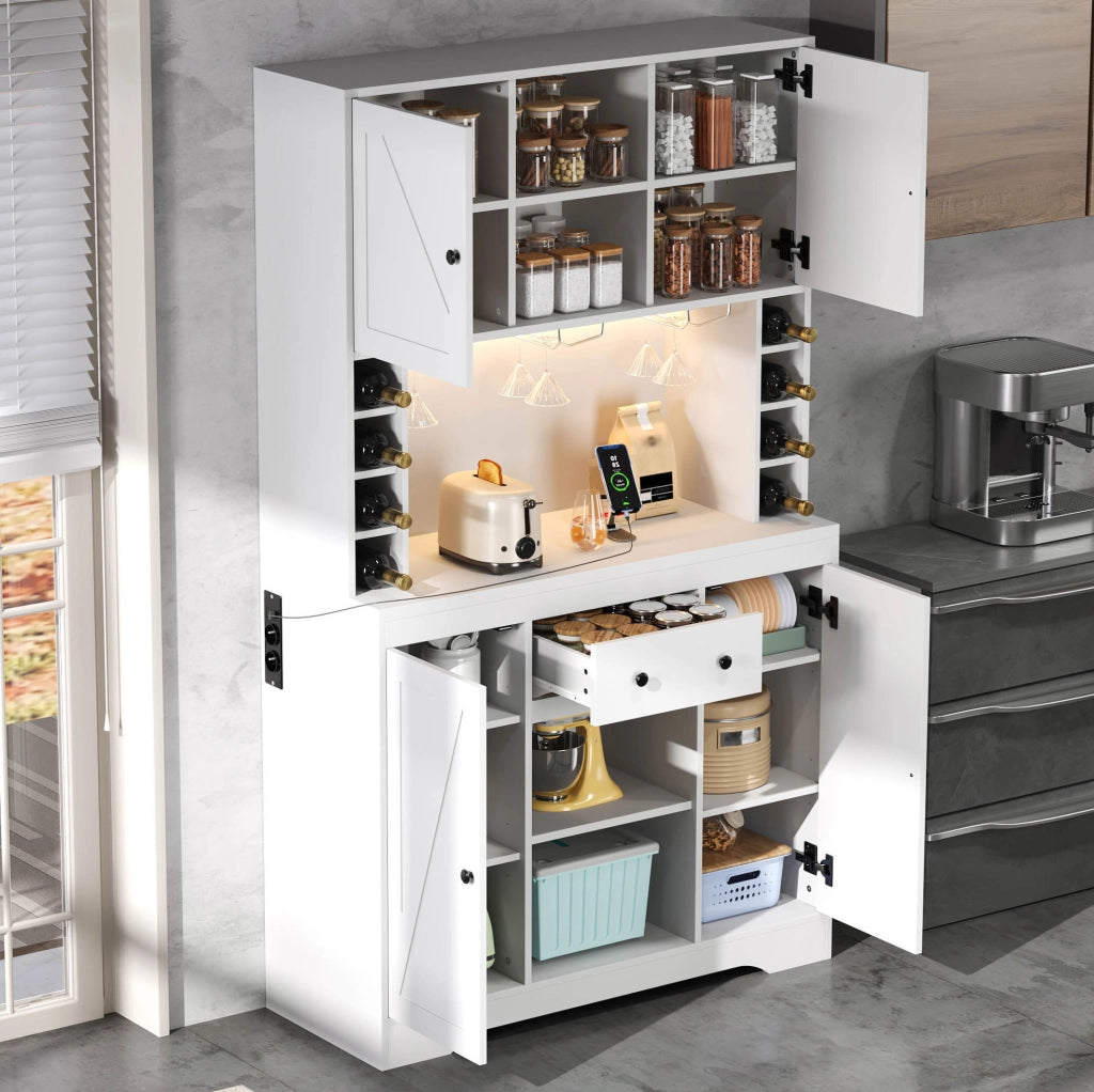 Credenza alta 105x39x180 cm in MDF bianco con LED e prese