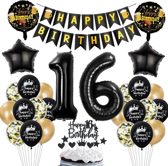 Decorazione di festa 16° compleanno - pallone oro nero - ragazzo ragazza - decorazione di compleanno per ragazza 16 anni