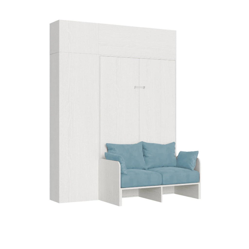 Letto matrimoniale francese a scomparsa 140 Kentaro con divano e mobili bianco frassino, azzurro