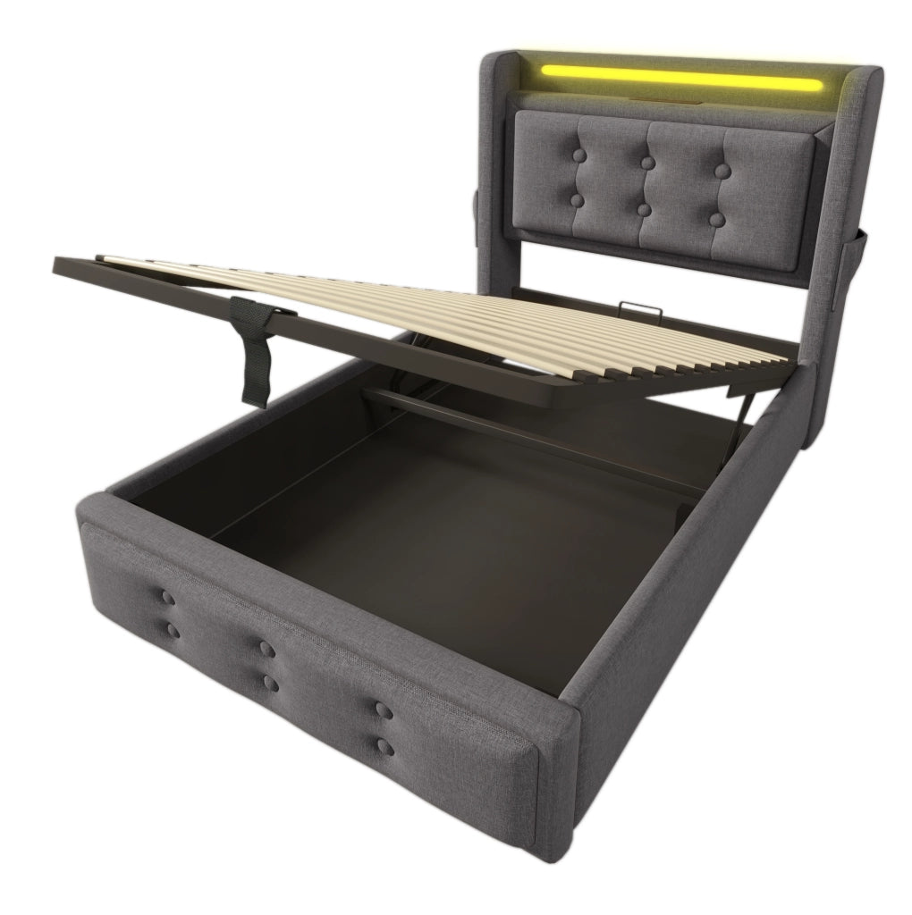 Letto singolo 90x200 cm imbottito in cotone e lino con LED; USB e contenitore; grigio