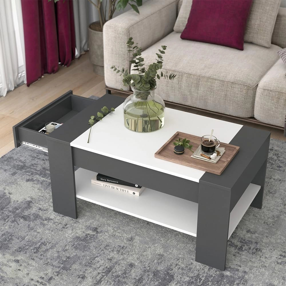 Tavolino August, Antracite/bianco, 99.6 x 58.8 cm con cassetto, con ripiano aperto per libri e riviste