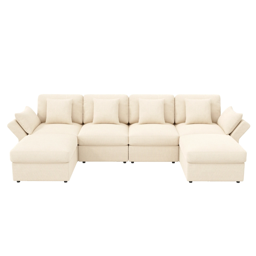Divano angolare modulare a U in corduroy beige con poggiatesta, pouf mobili e braccioli regolabili