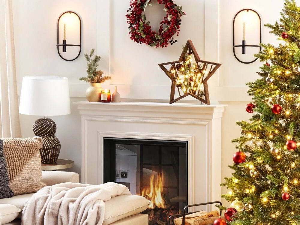 Figura decorativa legno stella di natale LED 46 cm con pigne legno scuro design rustico boho