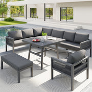 Divano da Giardino ad L per 8 Posti con Tavolo e 2 Poltrone ¨C MINIMAL ¨C Polyrattan, Cuscini Grigi