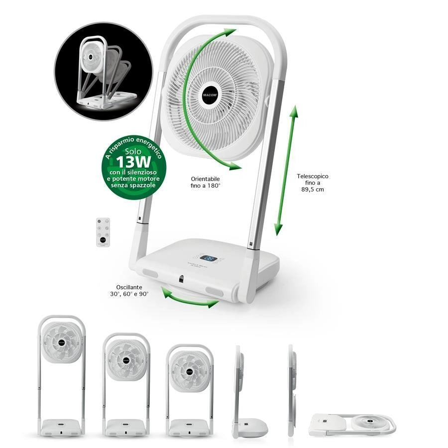 Macom 986 Slimmy Ventilatore a Piantana Pieghevole 9 Velocita' 13W Timer 8h Telecomando colore Bianco