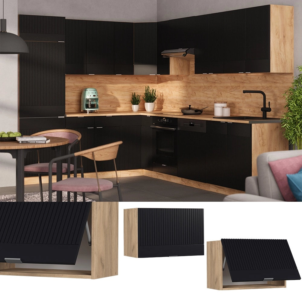 Pensile da cucina Fame-Line Nero rigato/Rovere dorato 60 cm Piatto Vicco