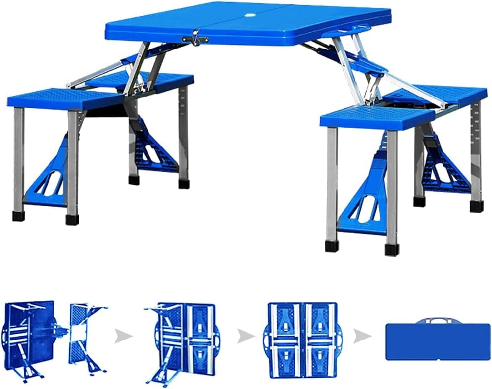 Set di sedie da campeggio in alluminio e legno, con 4 sedie pieghevoli, blu e argento