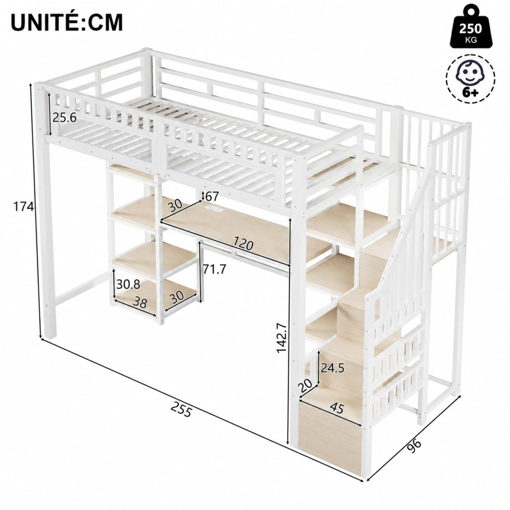 LETTO a soppalco 90x200 cm metallo bianco con scrivania, LED e USB, senza materasso